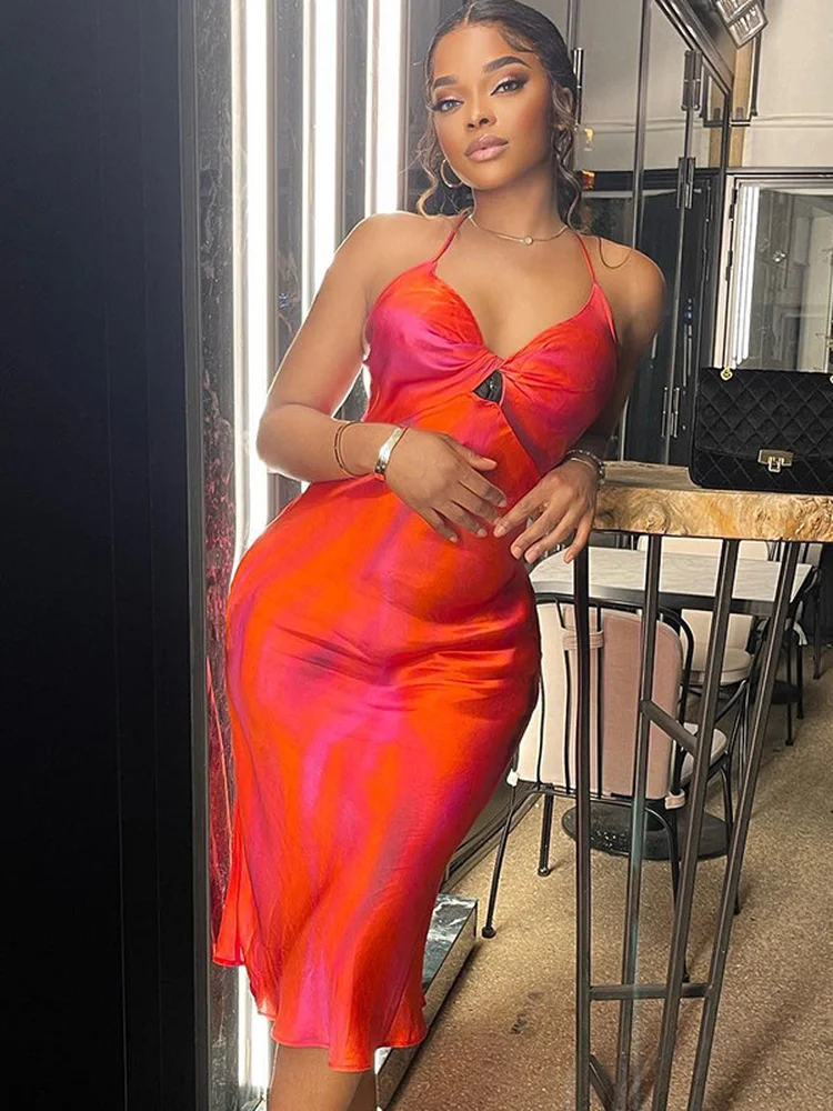 

Woman Clothes Fashion Summer Halter V-neck Midi Party Nightclub Dress Sexy Chic Female Bodyocn Backless Red Evening Vestidos