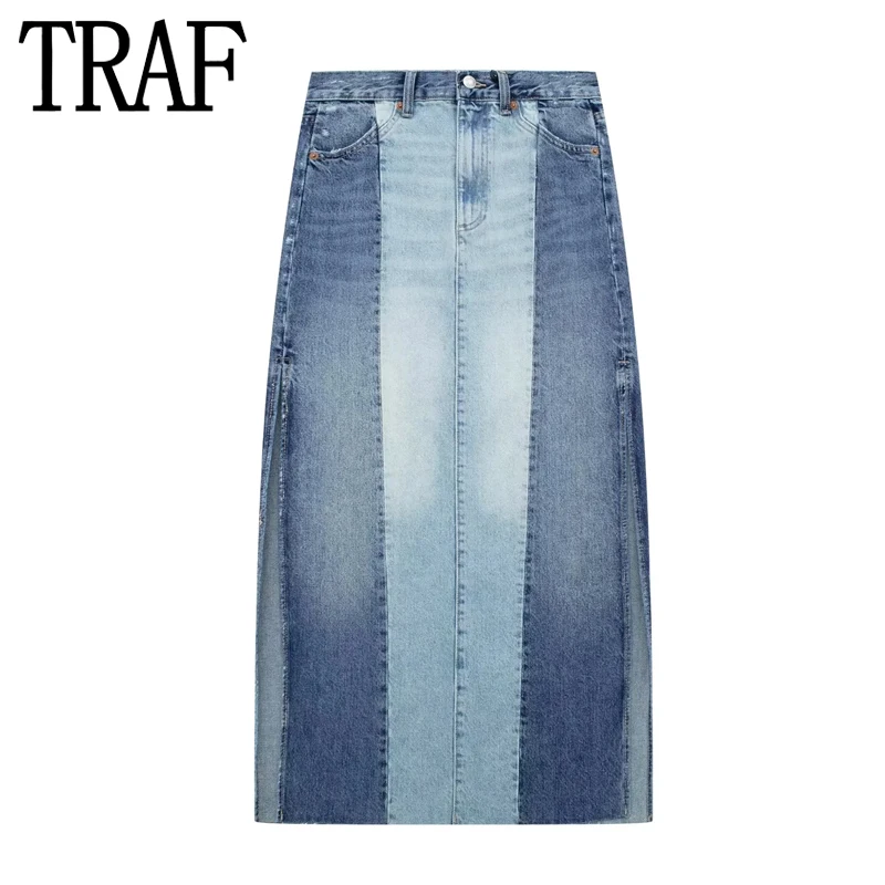 

TRAF Patchwork Women's Denim Skirts 2023 Mid-Waist Jeans Skirt For Women Summer Midi Skirt With Slit Streetwear Long Skirts