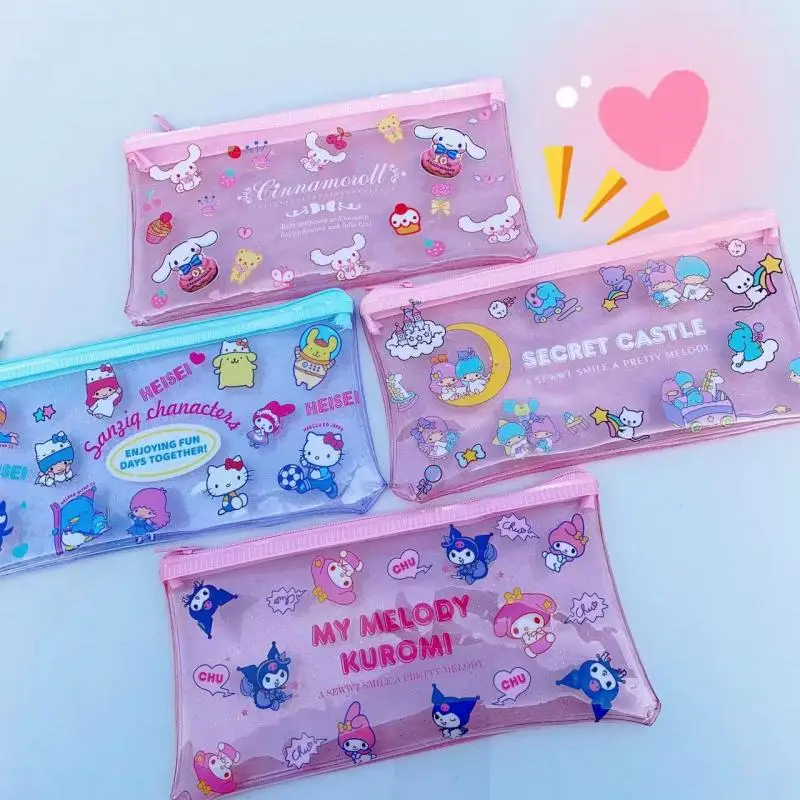 

Kawaii Sanrio Anime Transparent Stationery Bag Cute Hello Kitty Cinnamoroll Kuromi Wash Bag Cosmetic Bag Creative Children Gifts