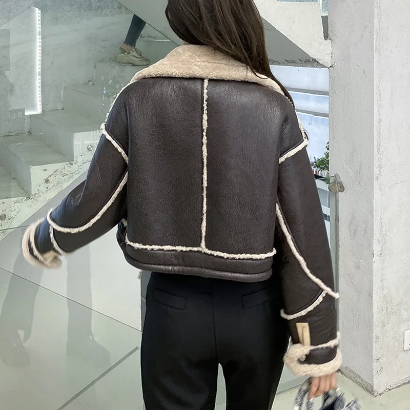 Women Real Shearling Lamb Fur Jackets Winter Double Face Coats Lady Crop Jacket Thick Warm Genuine Leather S3659