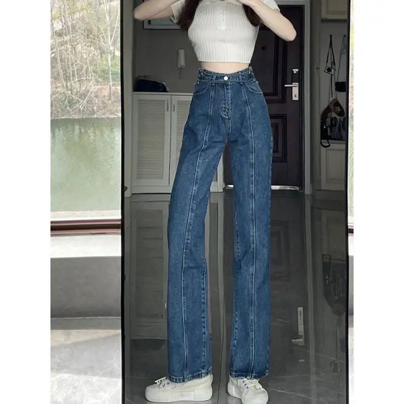 Y2K Fashionable Women Jeans 2023 Summer New Korean Harajuku High Waisted Straight Trousers Casual Lace-up Hollow Denim Trousers
