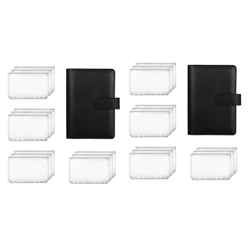 

2X A6 Binder Planner Black Notebook Binder And 24 Pieces 6 Hole Binder Zipper Folder,Binder Pockets Envelope Wallet