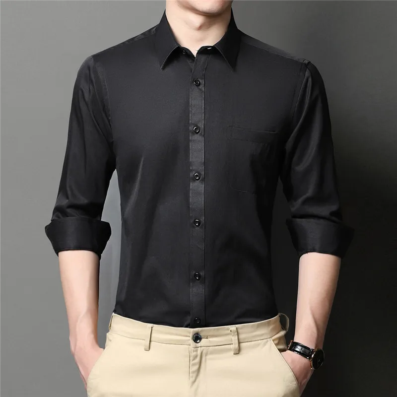 Mattswag Mens Regular Fit Solid Color Long Sleeve Formal T Shirts Classic Breathable Men's Clothing Casual Slim Shirts Camisas