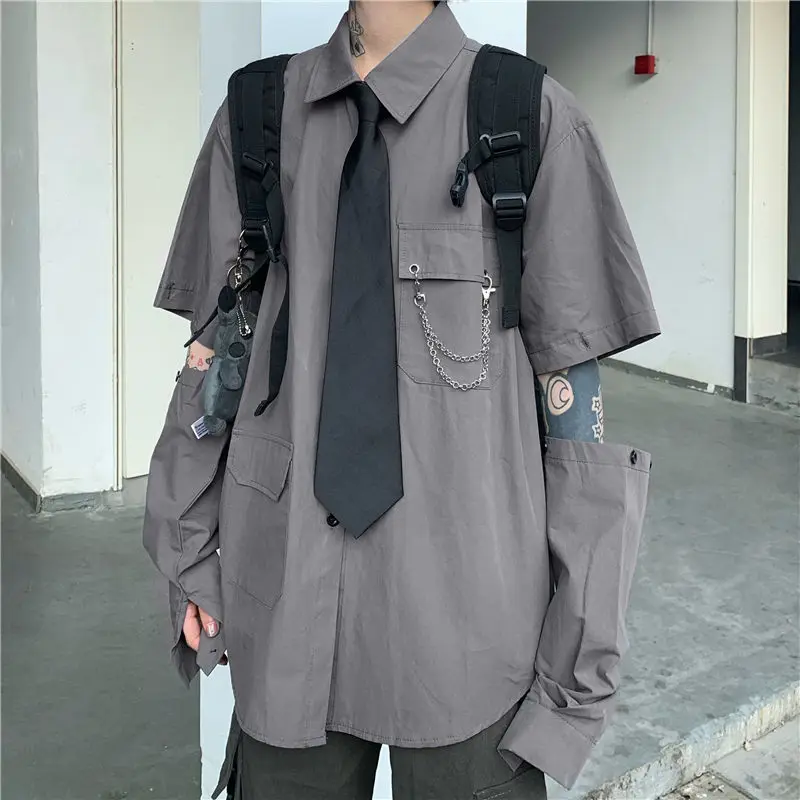 

2022 Gray Harajuku Men's Shirts Women Detachable Sleeve Oversized Bf Gothic Blouse with Tie Vintage Streetwear Punk Autumn Shirt