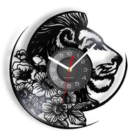 lion with flower tattoo design vinyl record wall clock wildness home decor watch wild cat floral lioness silent quartz clock