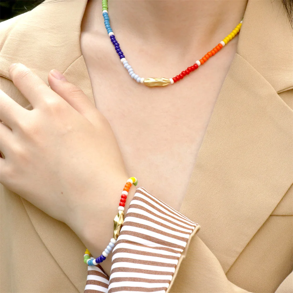 

Mixed Color Glass Beads Meteorite Necklace Handmade Round Gold Plated Beads Stretch Bracelet Femme Bangle For Women Jewelry Set