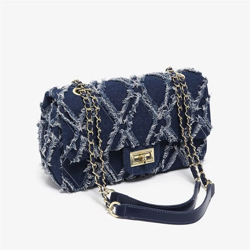 Women Small Shoulder Bags Quilted Crossbody Distressed Jean Denim Purse Evening Bag Clutch Handbag with Chain Strap