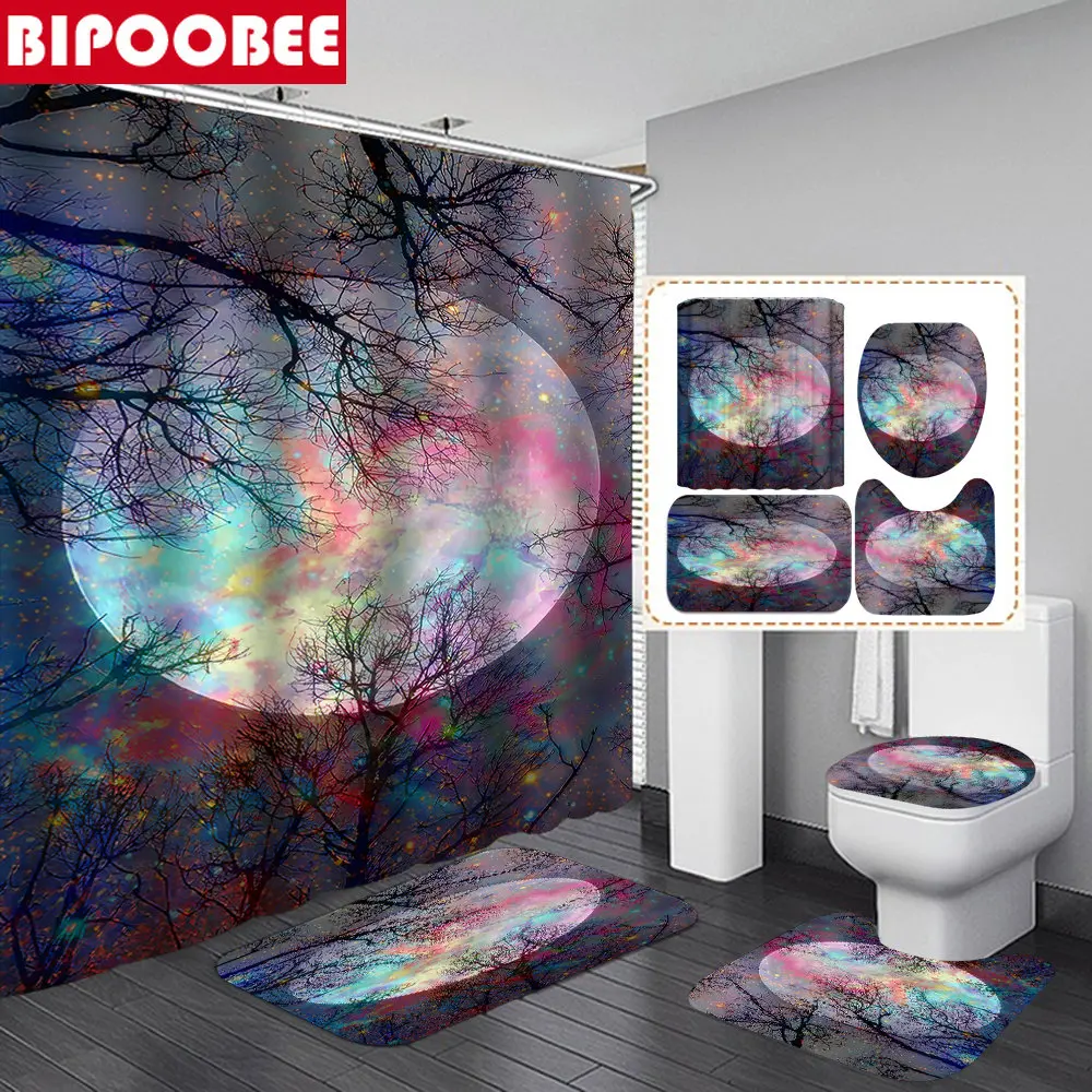 

Horror Forest Night Print Shower Curtain Bathroom Curtains Holiday Decorations Bath Mats Rugs Toilet Lid Cover Non-Slip Carpet