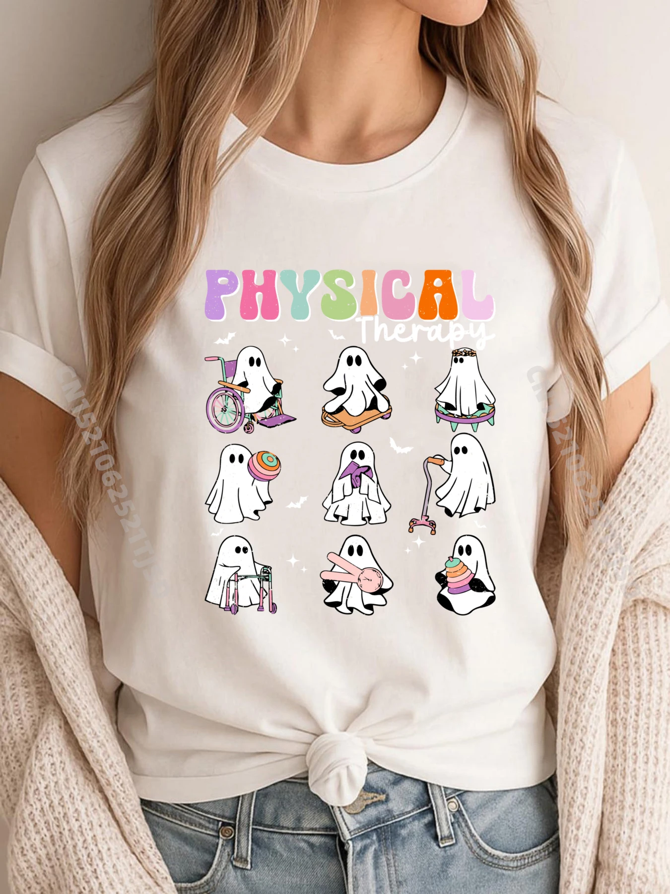 Ghost Physical Therapy Physical Therapist Special Short Sleeve Street T-shirts 100% Cotton O Neck Mens Tops Tees Tops Tees Summer Ghost Physical Therapy Physical Therapist Halloween Groovy white
