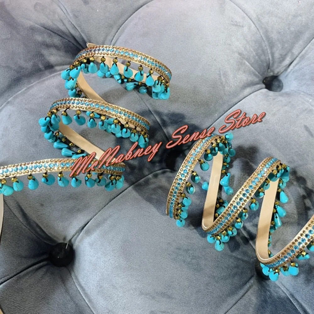 Blue Bead Fringe Sandals Snake Wrapped Slip On Thin High Heels Women Shoes Open Toe Bare Heels Mixed Colors Sandals Summer Party