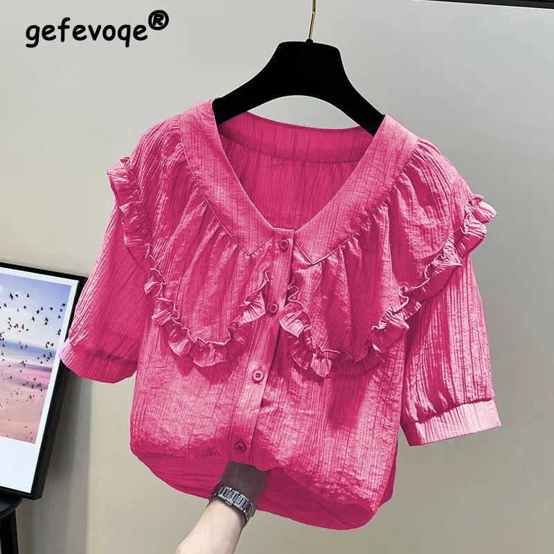 

Women's Clothing Summer Ruffle Chic Sweet Kawaii Y2K Button Up Shirt Casual V Neck Short Sleeve Solid Loose Blouse Blusas Mujer