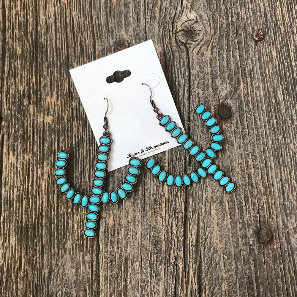 

Cactus Inlay Blue Stone Pendants Earrings For Women Vintage Personalized Charms Piercing Ear Drop Accessories Party Gift Jewelry
