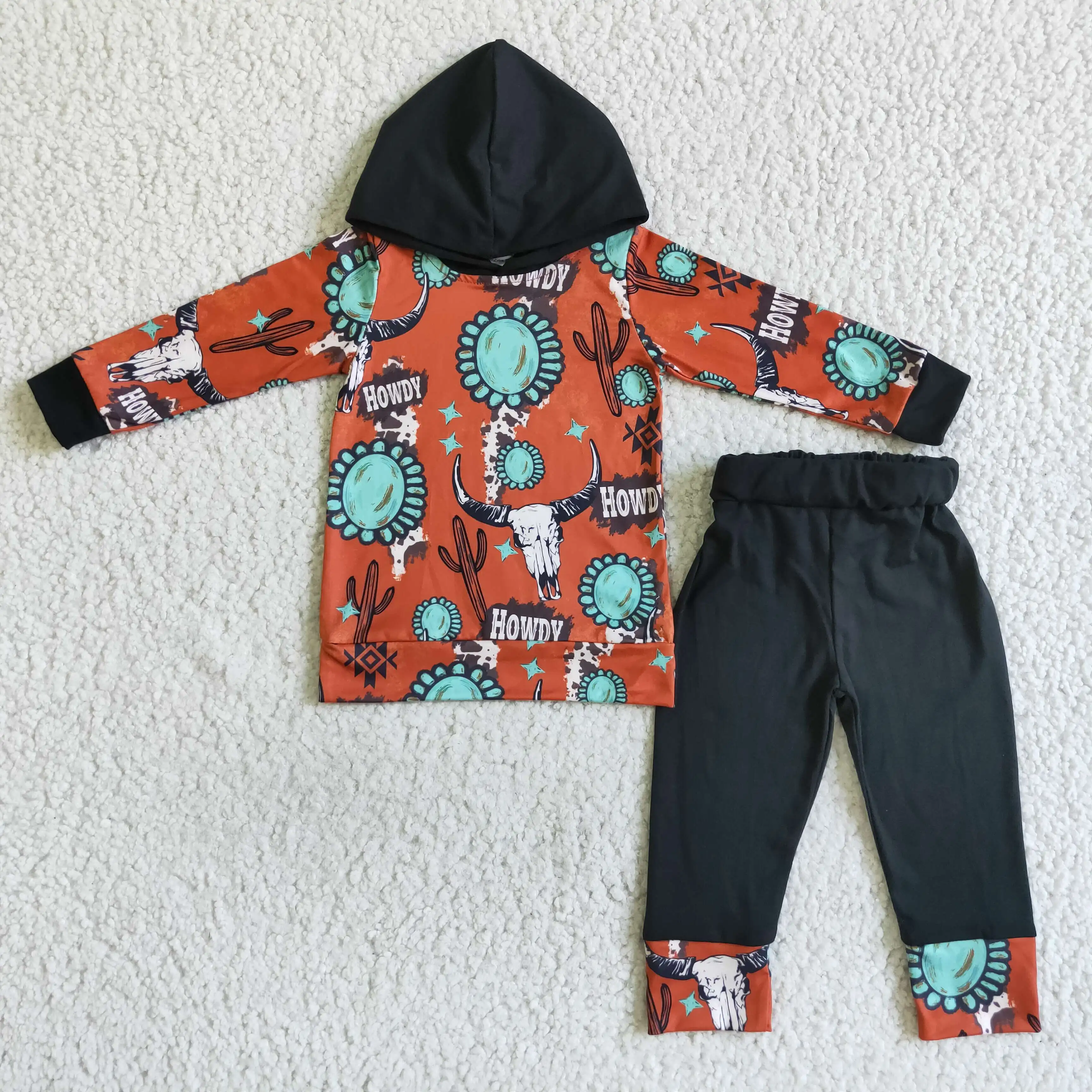 

Toddlers Cowboy Boutique Clothing Kids Brown Hoodies Outfits Cotton Joggers Sets Children Ready to ship Winter Clothes