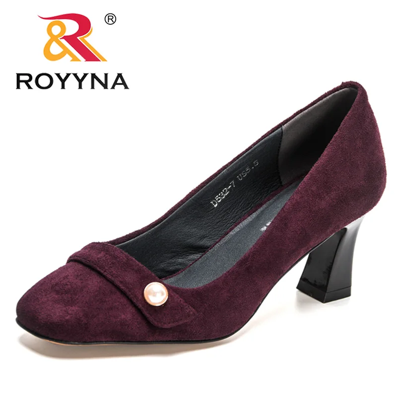 

ROYYNA 2022 New Designers Classics OL Office Shoes Women Concise Shallow High Chunky Heels Pumps Ladies Flock Wedding Footwear