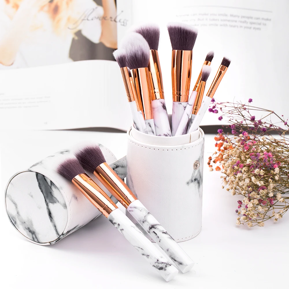 

RANCAI 10pcs Marble Makeup Brushes Set Soft Foundation Powder Eyeshadow Brush Beauty Marble Make Up Tools with Cylinder