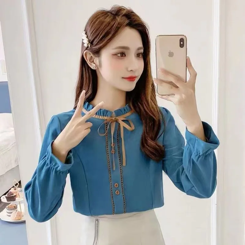 2022 New Korean Style Bow  Slim Fit Slimming Long Sleeves Bottoming Shirt  Blusa Feminina Autumn and Winter Elegant Shirt Women