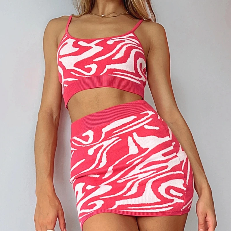 

2022 Women Summer Knitted Clothes 2Pcs Set Abstract Line Print Sleeveless Sling Crop Top Vest + High Waist Mini Short Skirt