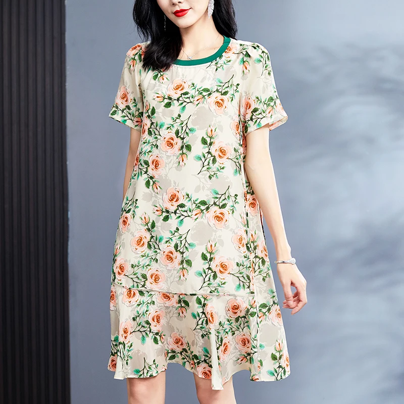 100% Real Silk Women's 2023 Summer Dresses Elegant O-neck Short Sleeve Ruffles Women Floral Dress Woman A-line Mid Dress Casual