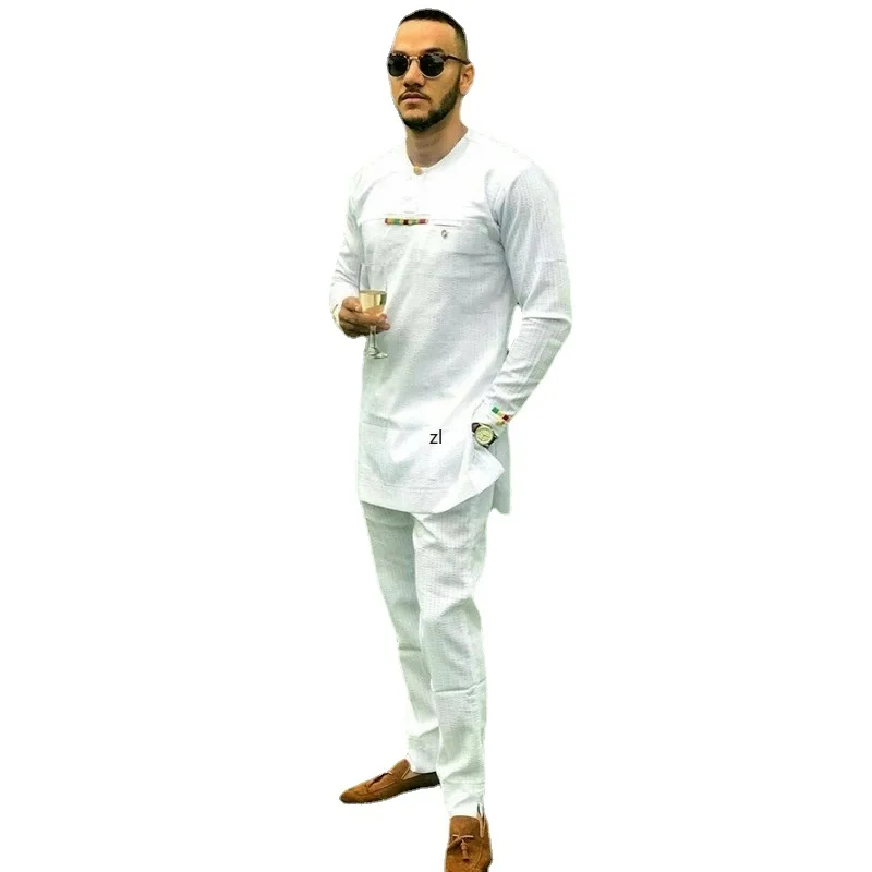 

2022 African Dashiki Clothes For Men No Cap Shirt Pants Set Embroidery Tops Trouser Suit Men's Traditional African Clothing