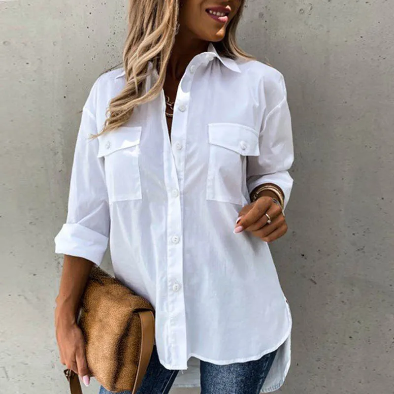 

Женская Осенняя блузка на одной пуговице, элегантная повседневная блузка с карманами, Офисная Женская рубашка с рукавами и цветочным принт...