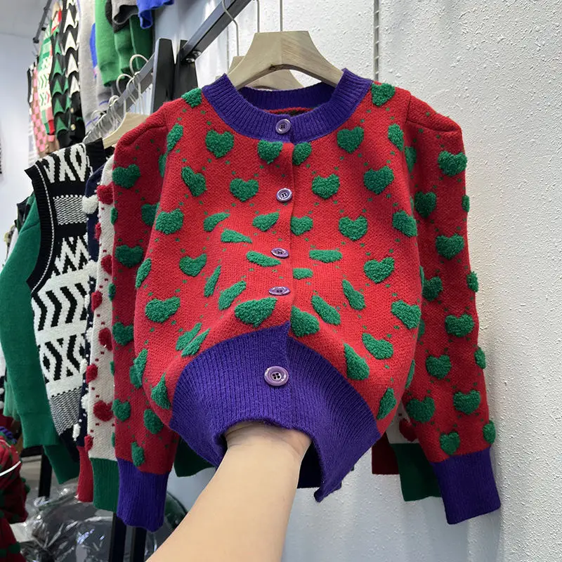 

New Year Red Sweater Female Jacket Autumn And Winter Loose Short Fashion Love Color Color Design Long Sleeve Casual Sweater