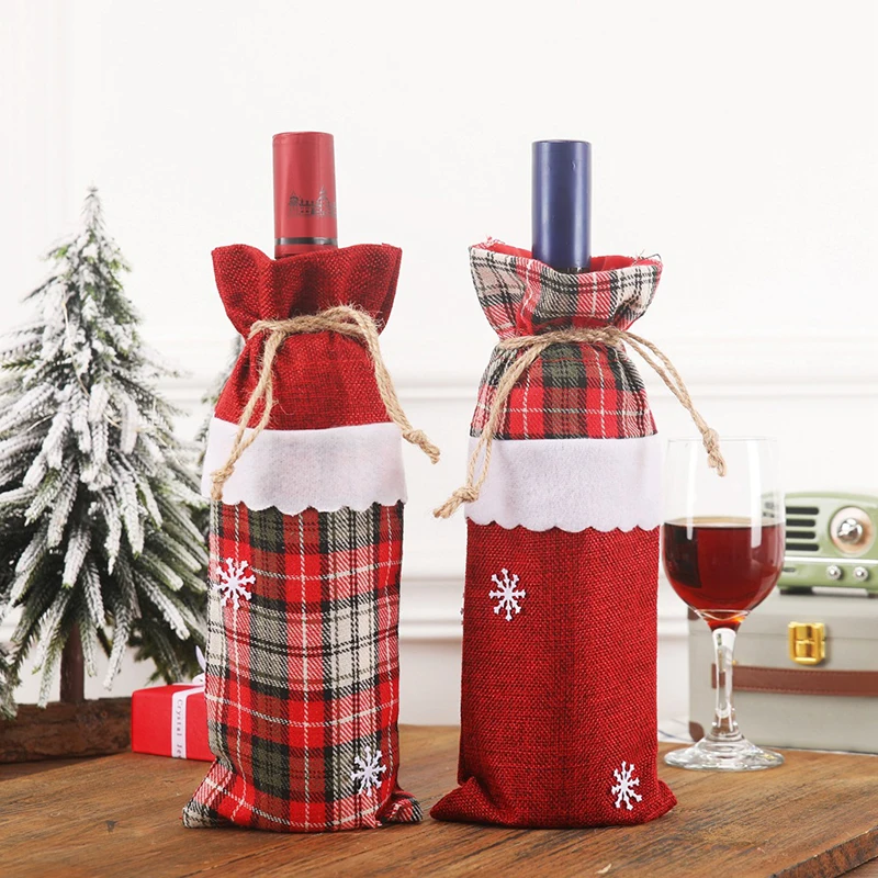 2pcs Hotel table articles Linen Christmas gifts lattice liquor bottle beverage bag accessories red wine cover
