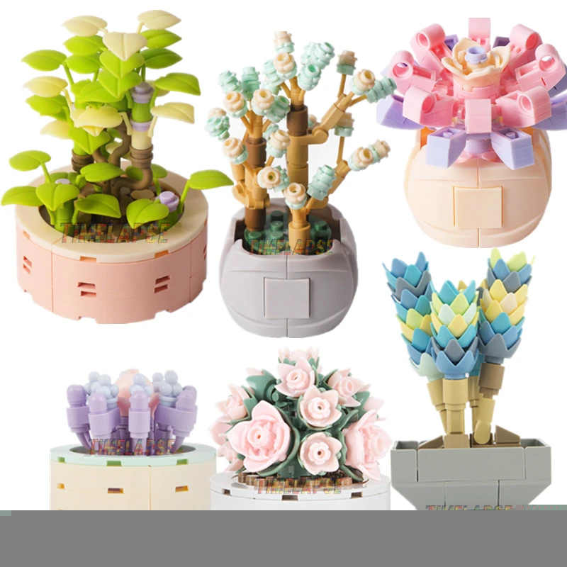 

DIY MOC Potted Plants Succulents Cactus Gypsophila Bonsai Tree Gardens Romantic Building Blocks Model Bricks Kids Sets Kits Toys