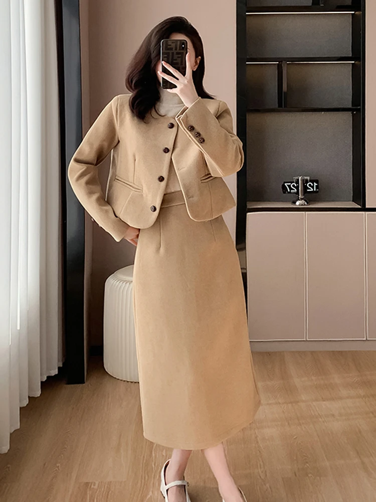 

Элегантный однотонный твидовый комплект из двух предметов в стиле ретро, однобортный короткий пиджак и длинная юбка с высокой талией, офисный костюм