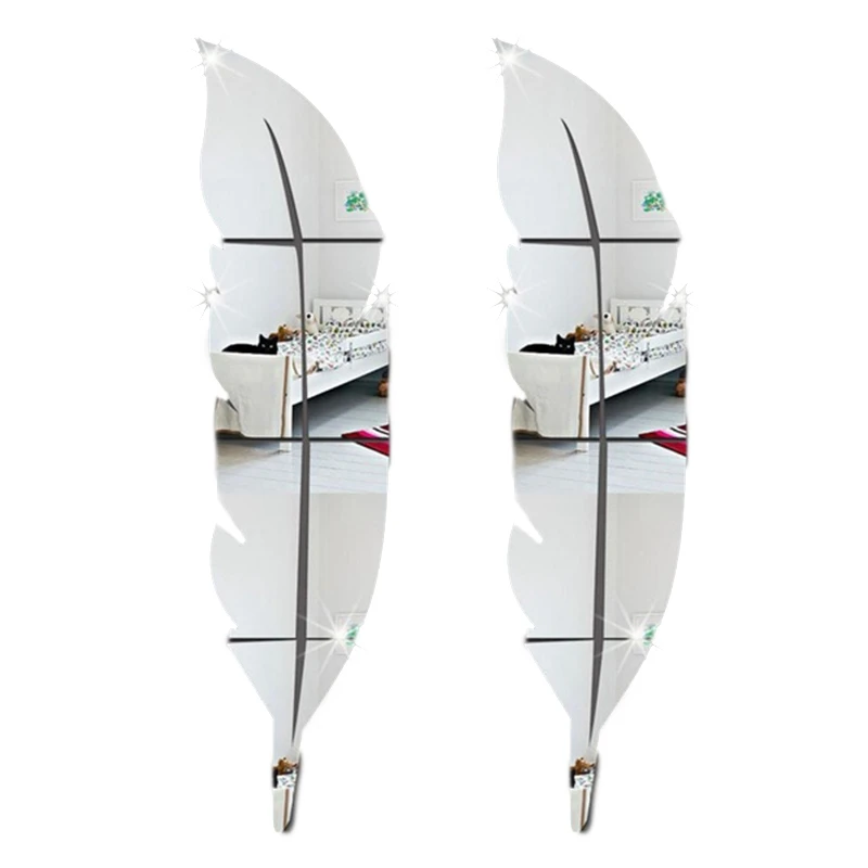 

2X DIY Acrylic Mirror Silver Modern Style Wall Stickers Feather Mirror