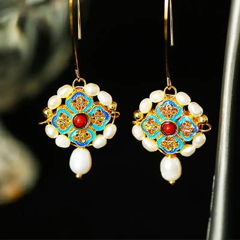

Vintage Chinese Pearl Double Enamel Earrings earrings for women Oil Dripping Hand Earrings Jewelry pendientes mujer