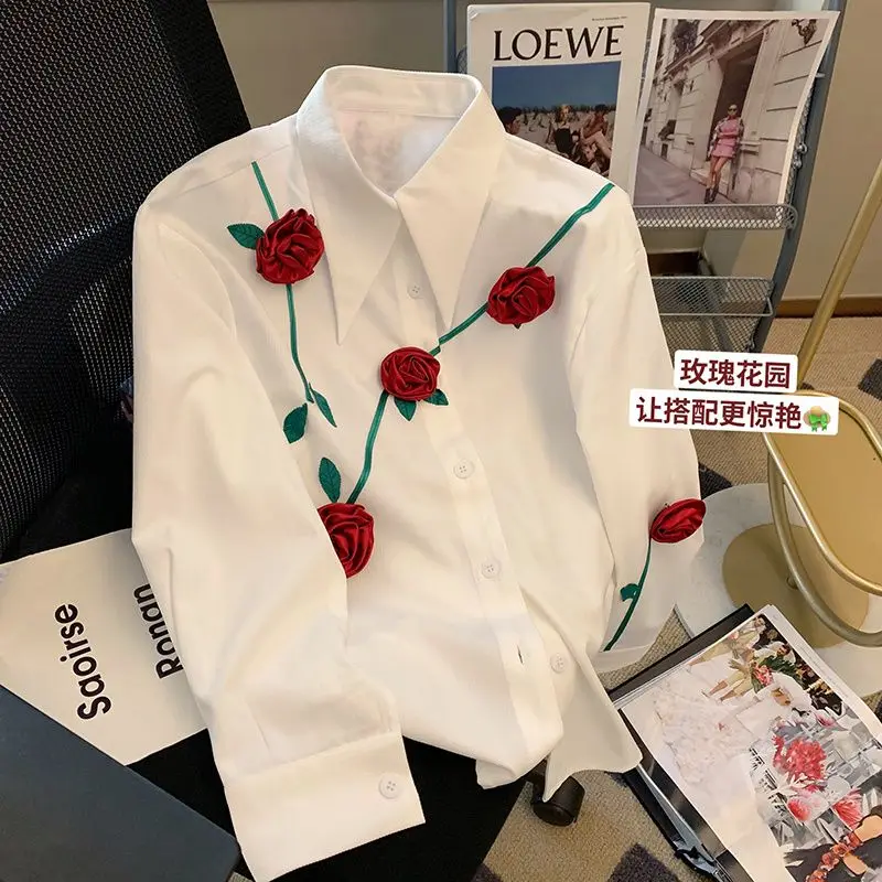 

Fashion White Shirt Tops Spring Autumn New Long Sleeve Polo Neck All-match Contrast Blouse Temperament Elegant Women Clothing