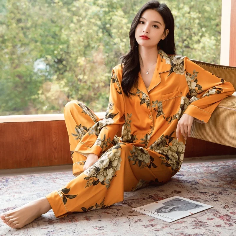 Lisacmvpnel Women's Spring New Pajama Set Ice Silk Loose Home Suit Print Fashiong Sleepwear