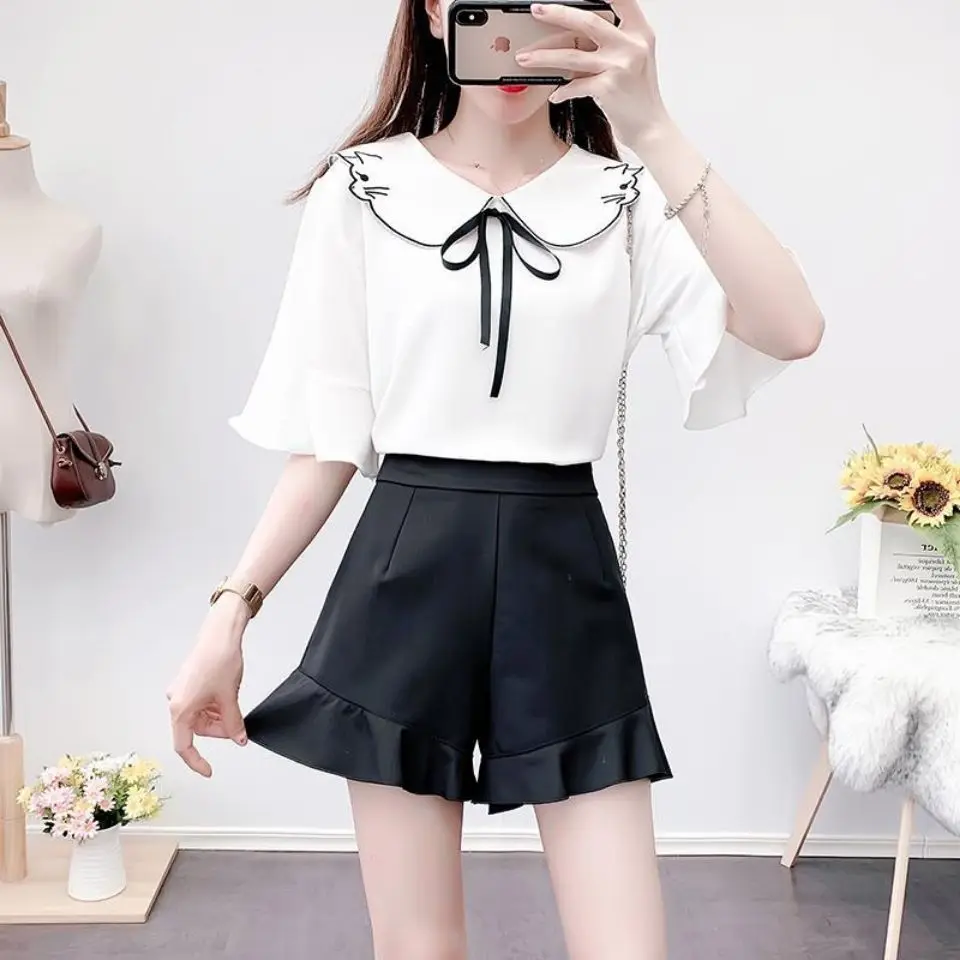 

2022 Summer Women New Shorts Suits Female Short Sleeve Bow Chiffon Shirt Tops and Wide Leg Shorts Ladies Two-piece Sets S142