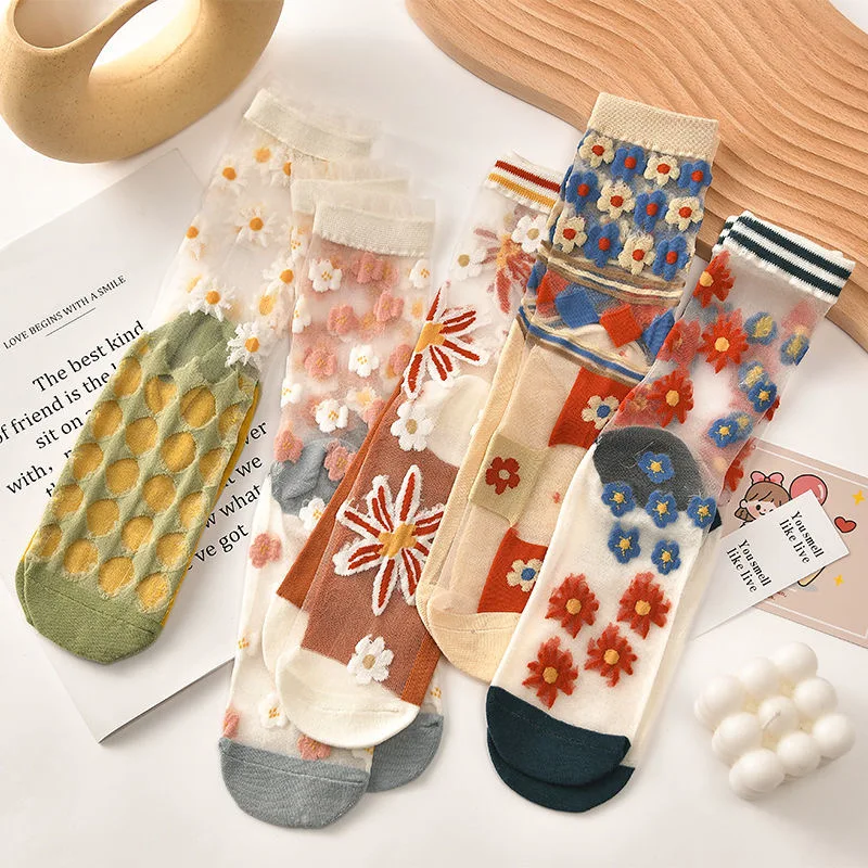 Модные носки летние тонкие женские чулки прозрачные шелковые жаккардовые