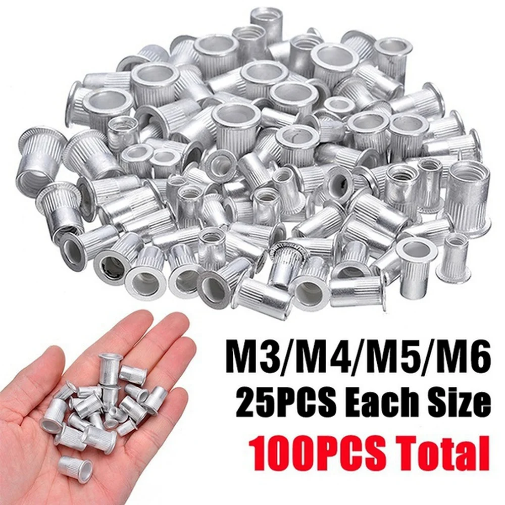 

100PCS Aluminum Flat Head Rivet Nuts Metric ThreadedInsert Nutsert Tool Set