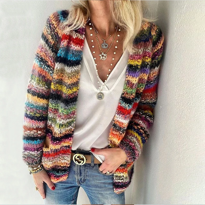 

Women Elegant Multicolor Print Knitted Cardigans Sweater Autumn Winter Long Sleeve Coat Tops Ladies Casual Pocket Sweaters