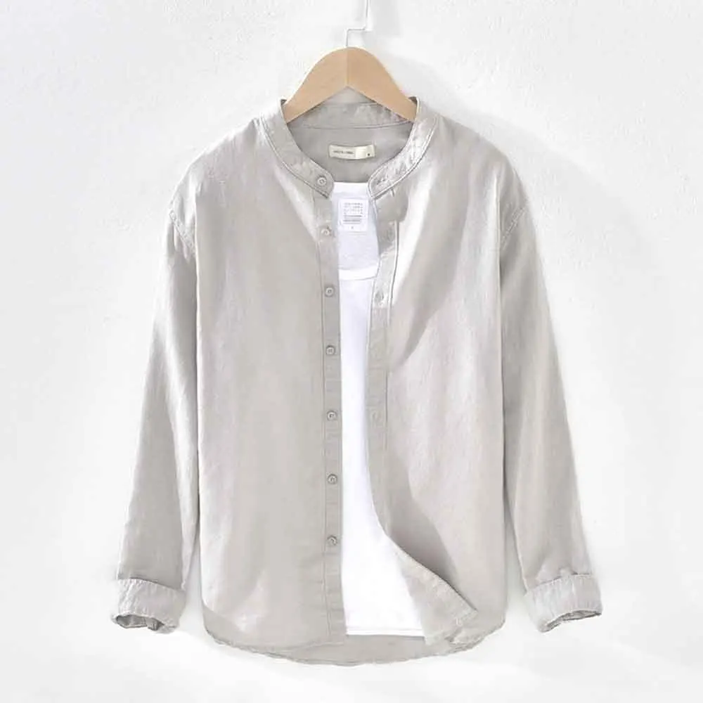 Cotton Linen Hot Sale Men's Long-Sleeved Shirts Solid Color Stand-Up Collar Casual Plus Size