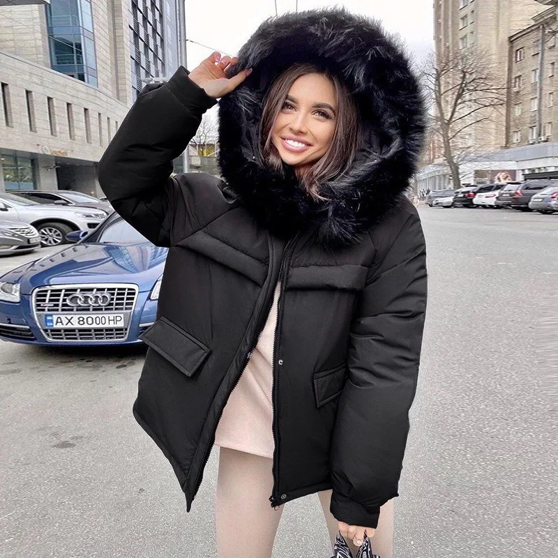 2021 Winter New Loose Hooded Fur Collar Zipper Cotton Jacket Women Street Hipster Casual Long-sleeved Warm Women's Fashion Top