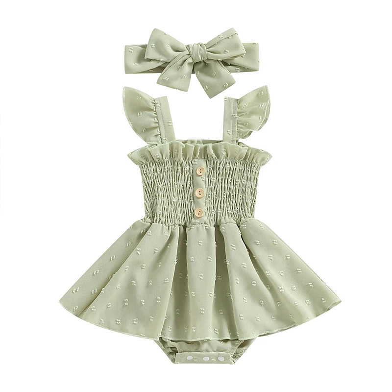 

Baby Girls Summer Casual Tutu Romper Solid Color Flying Sleeve Ruched Button Playsuit with Headband