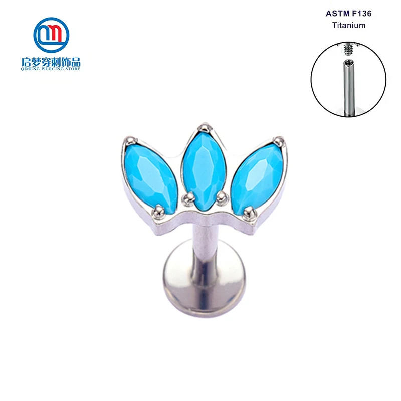 

ASTM F136 Titanium New Product Clover Prong Set Turquoise Marquise Labret Lip Stud Piercing Jewelry