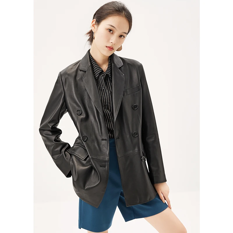 

New 2022 Sheepskin Leather Jacket Women Double Breasted Streetwear Pockets Autumn/Winter Genuine Leather Jacket