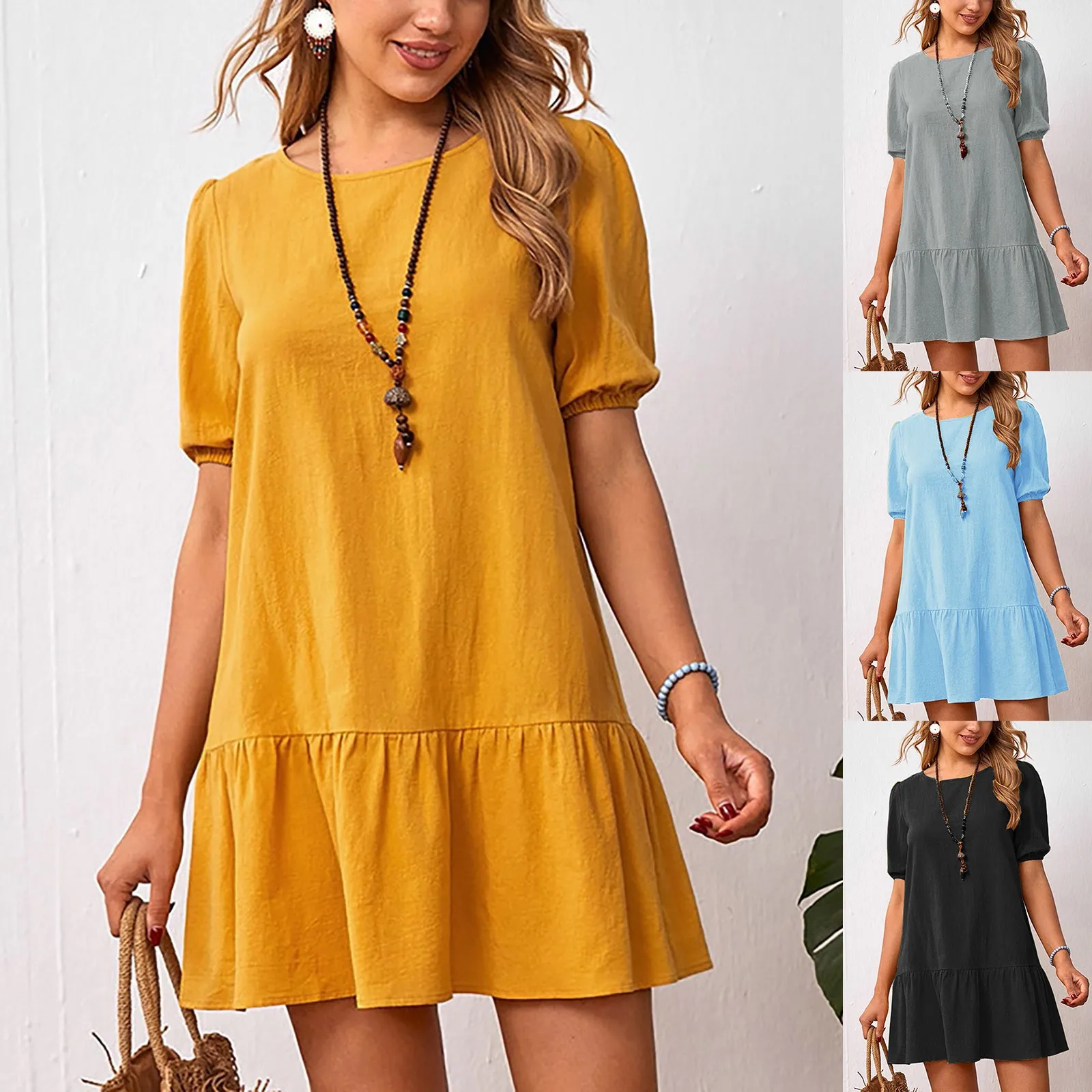 

Cotton Linen Solid Color Round Neck Short Sleeve Casual Dress Beach Holiday Dress For Women Lost Ink Dresses