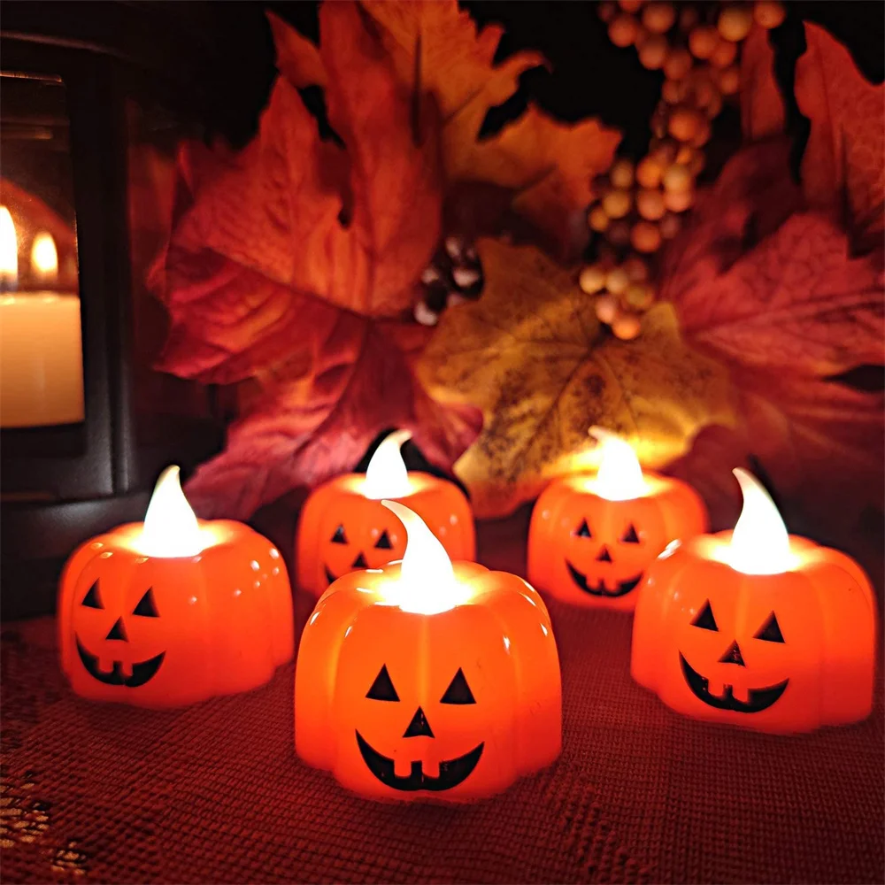 24Pcs 3D Pumpkin Flameless Candles Battery Operated LED Tea Light Candles Warm White Flickering Lamp for Halloween Decoration