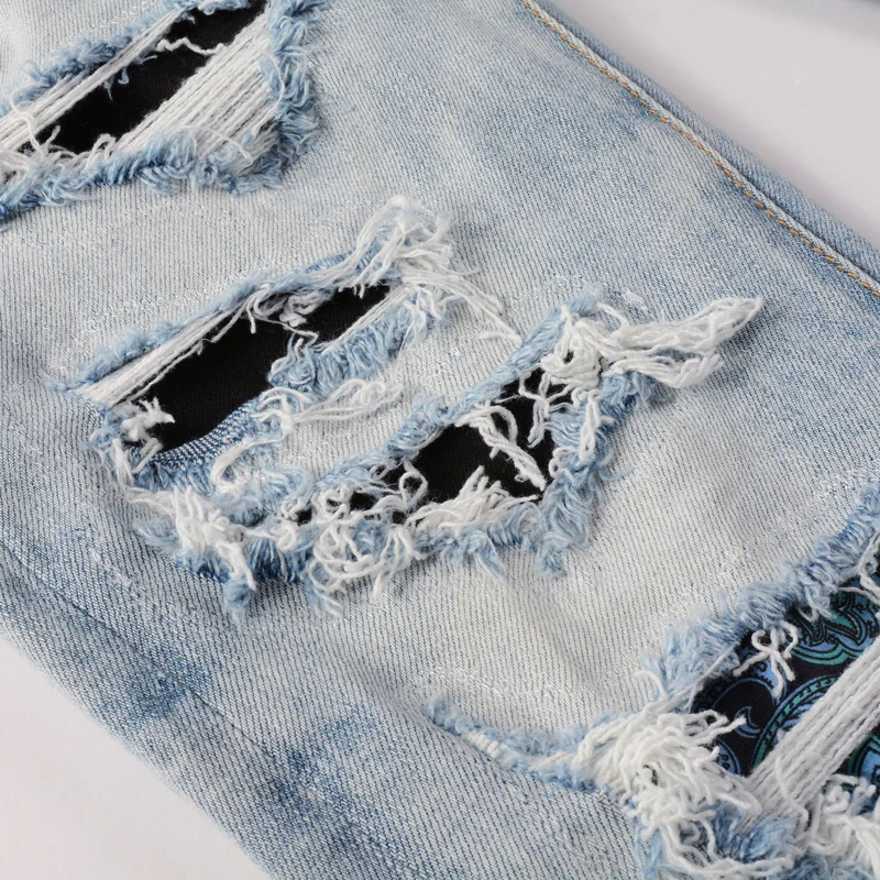 High Street Fashion Men Jeans Retro Light Blue Slim Fit Stretch Hole Ripped Jeans Men Patch Designer Hip Hop Brand Pants Hombre