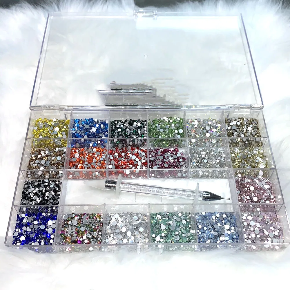 

14400pcs/Box SS3-SS20 Mixed Nail Rhinestones +Picker Wax Pen Multi-Color Flatback Crystal Round Jewelry Nail Art Decorations KI-