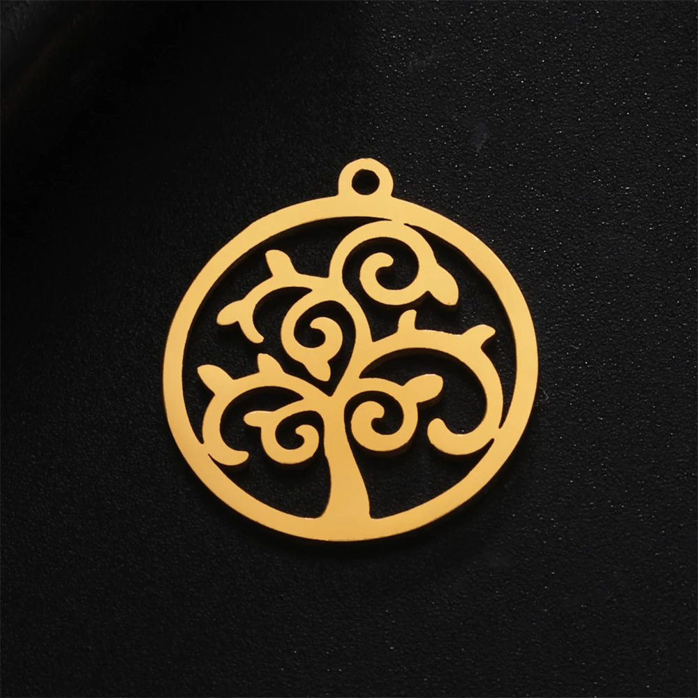 5pcs/Lot Stainless Steel Hollowed Tree Pendants Components For Jewelry Making Round Charms Accessories For Necklace Bracelet Diy