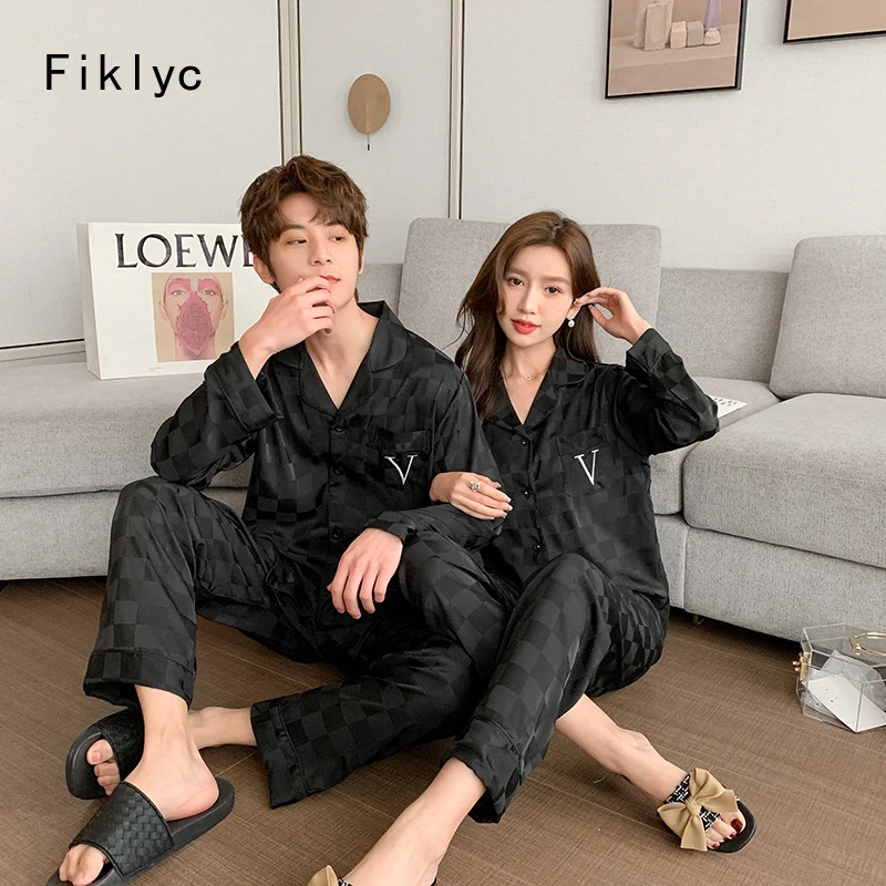 

Fiklyc Cartoon Letter Print Sweet Women Men Couple Pajamas Sets Long Sleeve Trousers Spring Satin Female Male Lovers Nightwear