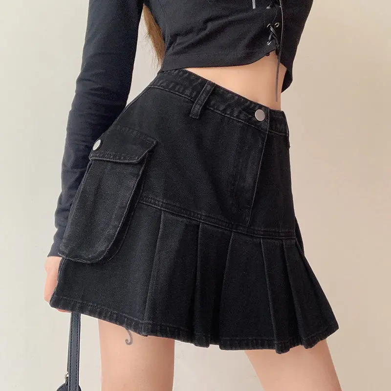 

Jeans Mini Goth Denim Pleated Skirts with Big Pockets Women Summer Punk Y2K Black Faldas High Waist Korean Fashion Black Skater