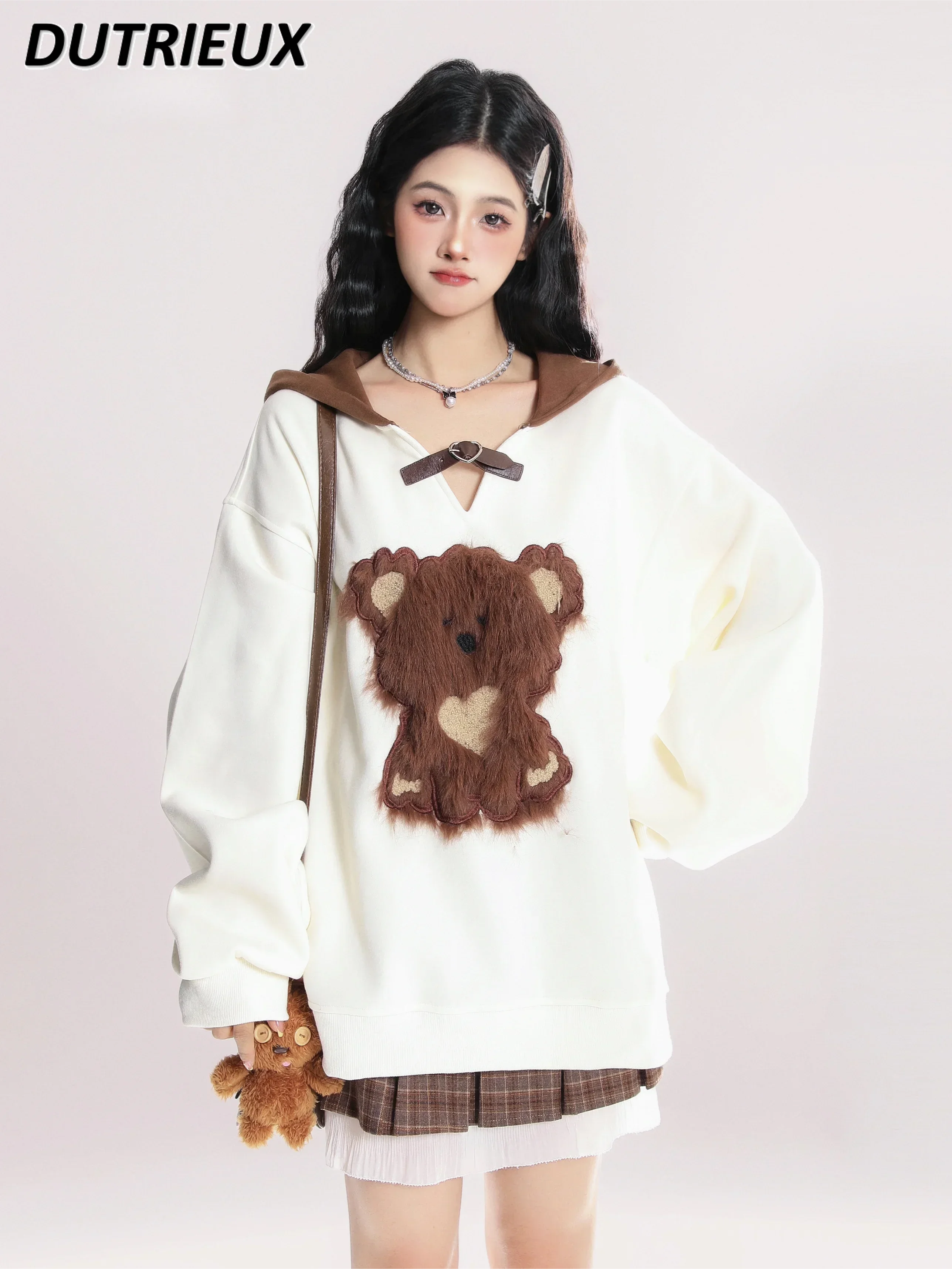 kowanej haftowanej kreskówki bluza z kapturem i dekoltem w szpic damska wiosenna jesienna słodka dziewczęca dopasowana kolorystycznie luźna