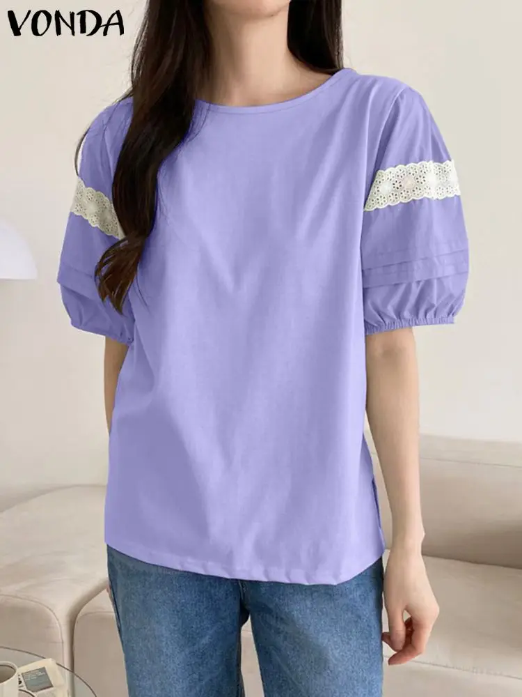 

3 цвета, женская блузка, повседневные рубашки 2022 VONDA с круглым вырезом и рукавами-фонариками, винтажные однотонные Топы VONDA, Женская Повседне...